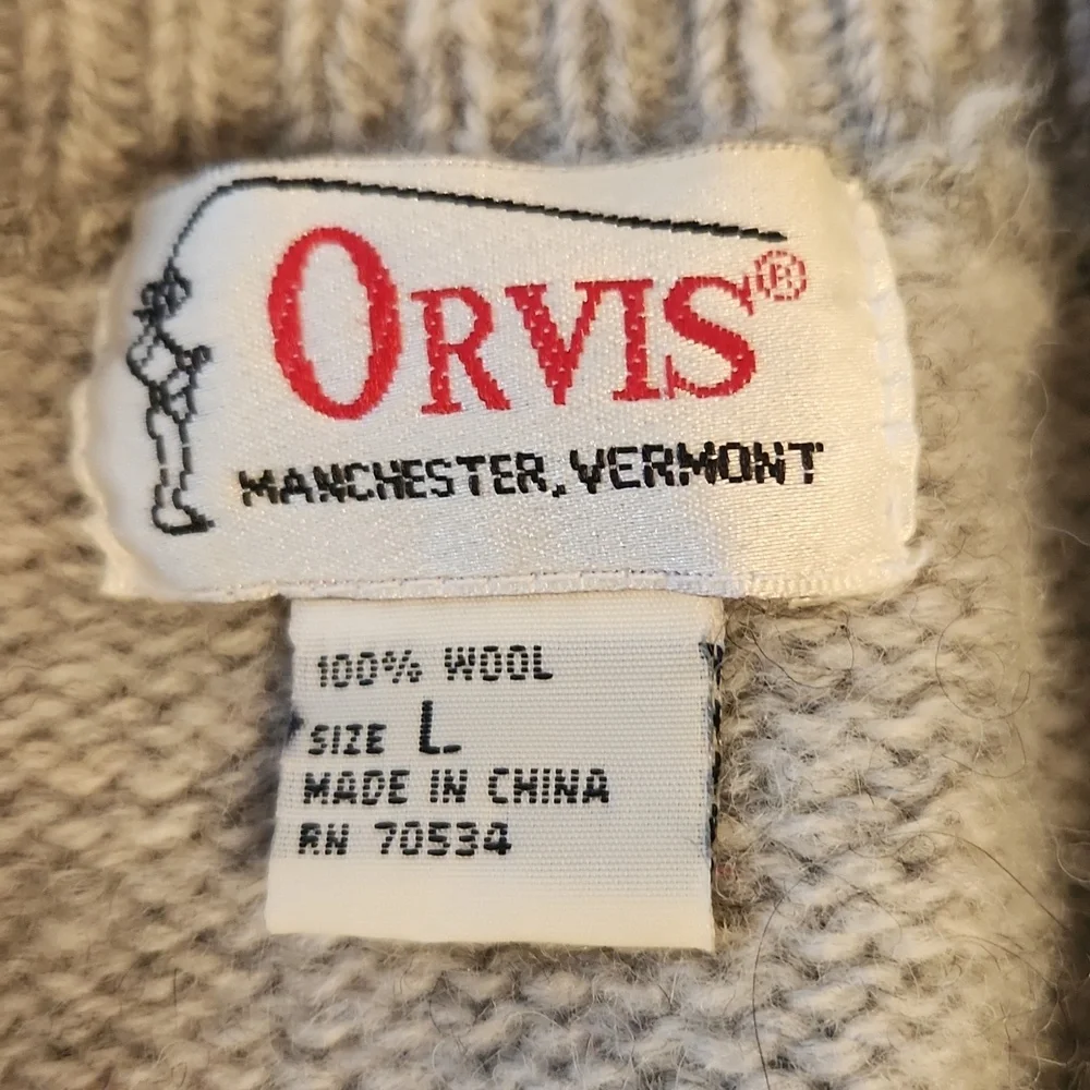 Orvis Winter Intarsia Gray Wool Cardinal Birds Moose Snowflakes Sweater Sz M